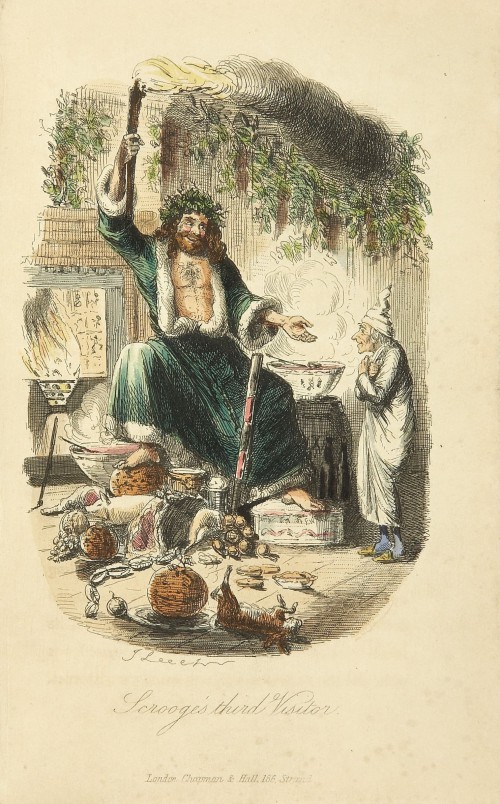 The Ghost of Christmas Present besøger Scrooge (illustration John Leech, 1843).